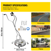 Pressure Washer Surface Cleaner 20in 4000 PSI with 2 Nozzles for Driveways Sidewalks Stainless Steel Frame Dual Handle Wheels Fits 3 8in Quick Connector